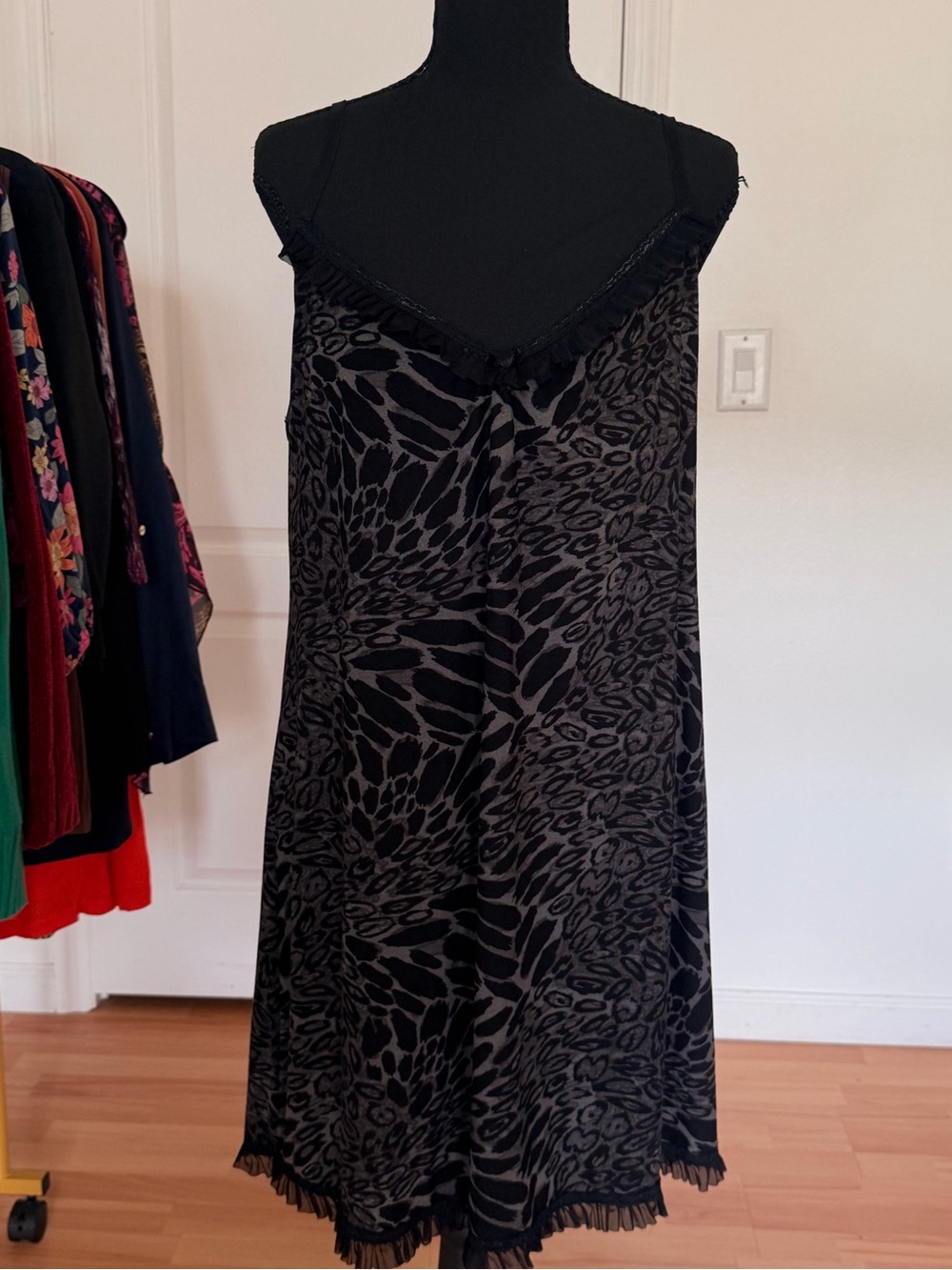 George Leopard Print Nightgown Sleep Dress Black Gray Lace Trim